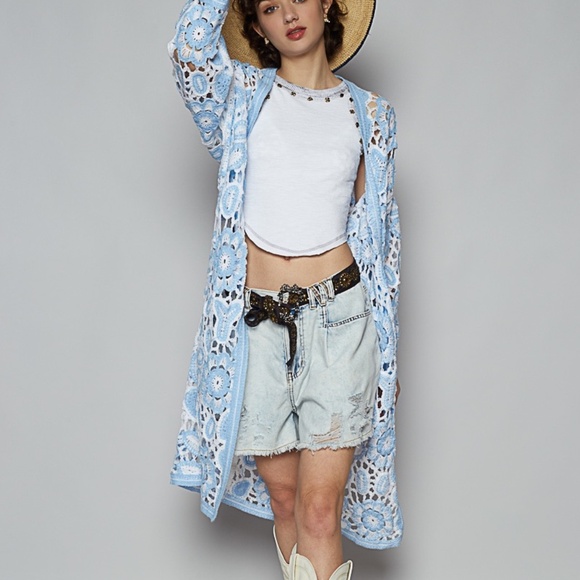 POL Sweaters - New POL Women's Blue Boho Crochet Knit One Size Open Front Duster Cardigan OS
